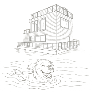 Illustration von einem schwimmendem Hund neben einem Hausboot