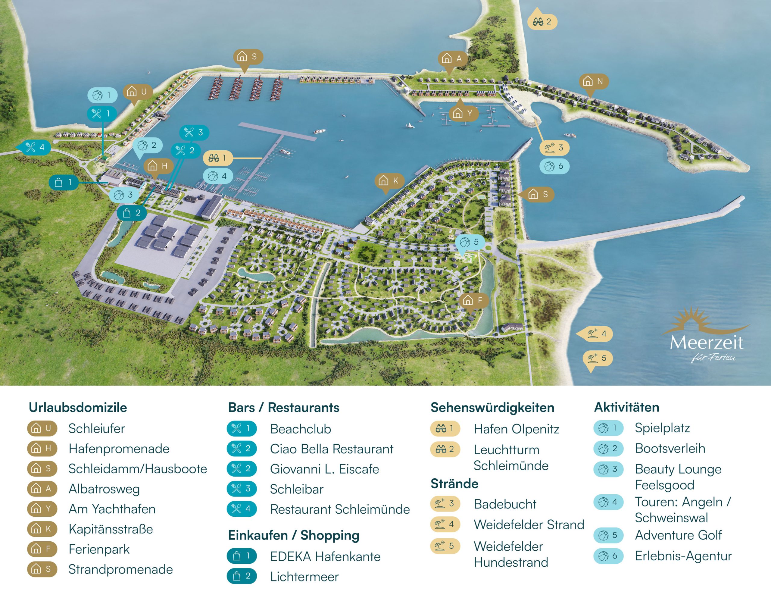 Lageplan Ostseeresort Olpenitz Übersicht Ferienwohnungen Ferienhäuser, Aktivitäten, Restaurants, Strände usw