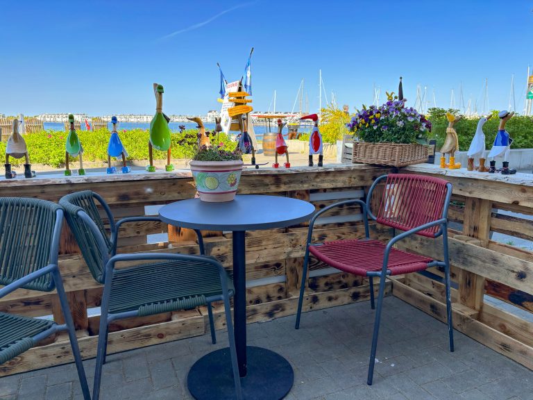 Schleibar sitzen an der Hafenpromenade mit Blick auf den Hafen und Schlei Enten