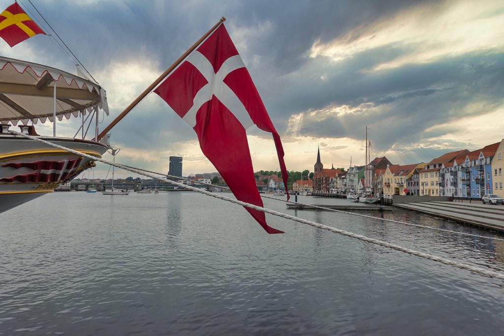 Soenderborg marina with the royal Dansih vessel Dannebrog, Denma
