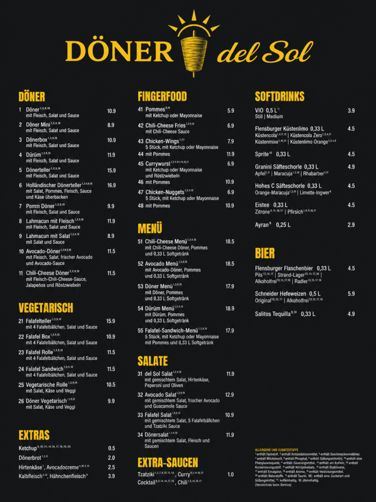 Speisekarte Döner Del sol